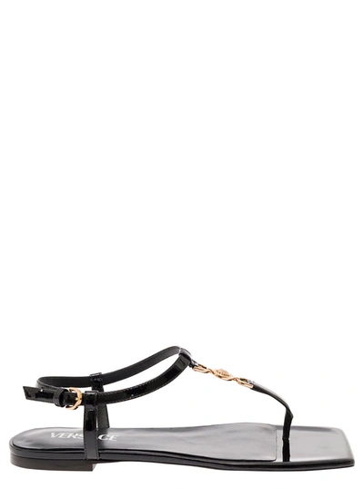 VERSACE VERSACE MEDUSA 95 BLACK LOW SANDALS WITH LOGO DETAIL IN SNAKE-PRINTED LEATHER WOMAN