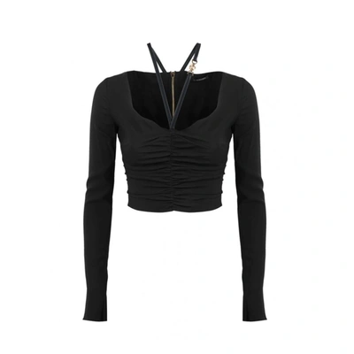 Versace Cropped Embellished Ruched Stretch-crepe Top In Black