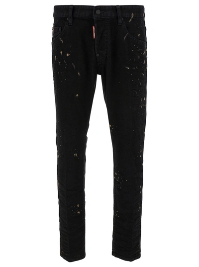 Dsquared2 Skater Black Five-pocket Jeans With Paint Stains In Stretch Cotton Denim Man