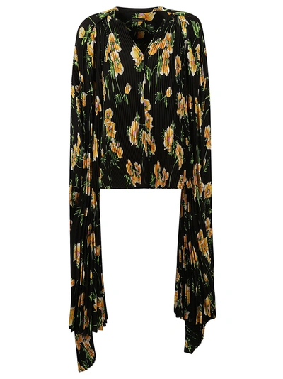 Balenciaga Pleated Floral Print Long Sleeve Blouse In Black/yellow