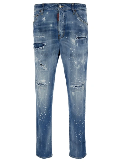 Dsquared2 Cool Guy Light Blue Five-pocket Jeans With Rips And Paint Stains In Stretch Cotton Denim M