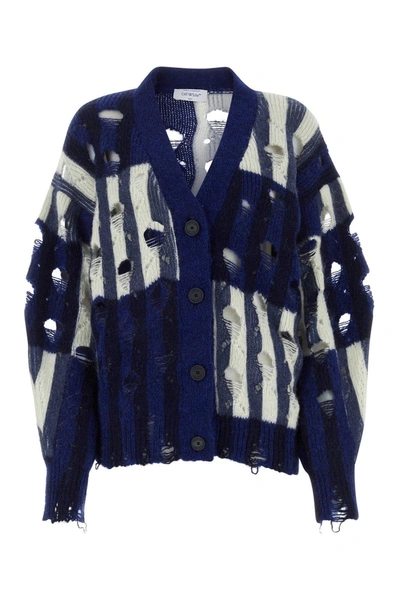 Off-white Shibori Distressed Alpaca And Mohair-blend Cardigan In Blue