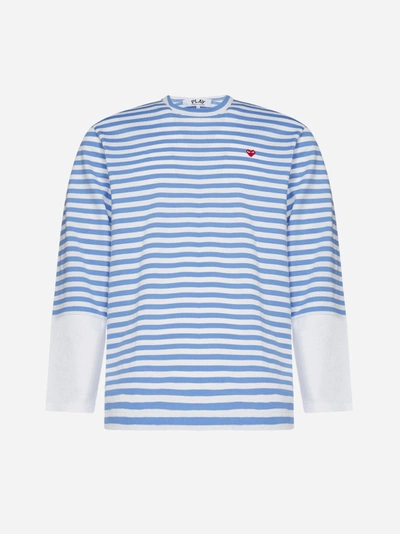 Comme Des Garçons Logo-patch Striped Cotton T-shirt In Blue/white
