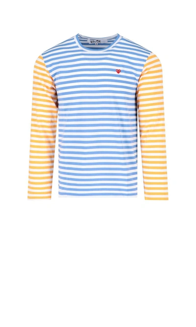 Comme Des Garçons Striped Patch Logo T-shirt In Blue/yellow