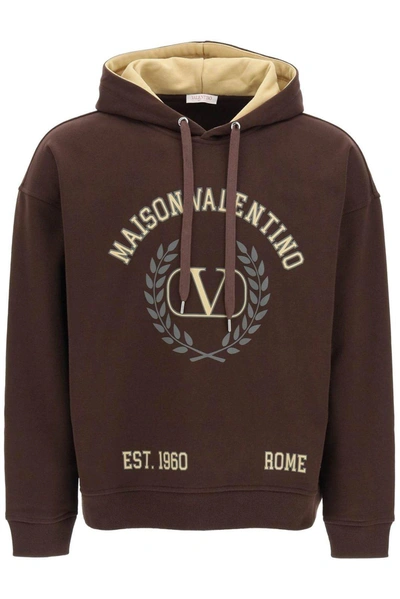 Valentino Logo Printed Drawstring Hoodie In Brown