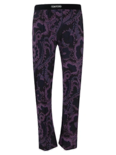 Tom Ford Floral-printed Straight-leg Satin Trousers In Deep Purple