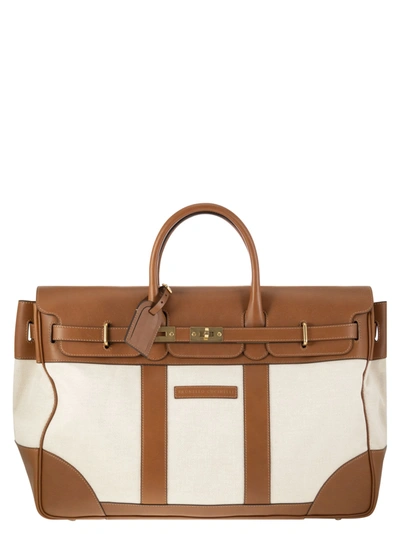 Brunello Cucinelli Country Bag In Leather And Fabric In Milk