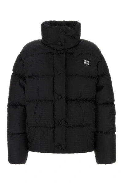 Miu Miu Logo Down Jacket In Nero