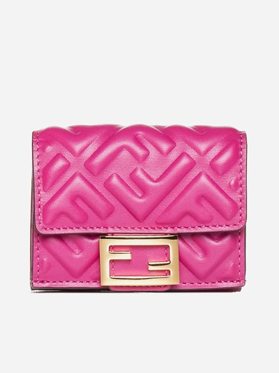 Fendi Ff Leather Micro Trifold Wallet In Viola