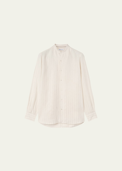 Loro Piana Men's Elia Linen Pinstripe-print Sport Shirt In Soft White Stripe