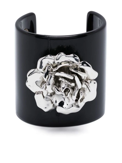 Blumarine Rose Cuff Bracelet In 黑色,银色