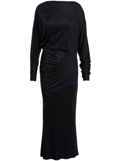 Khaite Oron Long-sleeve Asymmetric Gathered Maxi Dress In Black