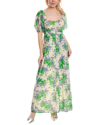 Ganni Short Sleeve Printed Mesh Puff Sleeves Long Dress In White