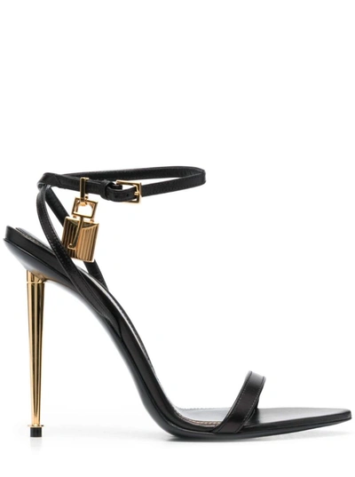 TOM FORD TOM FORD BLACK SANDALS WITH METAL HEEL AND PADLOCK IN LEATHER WOMAN