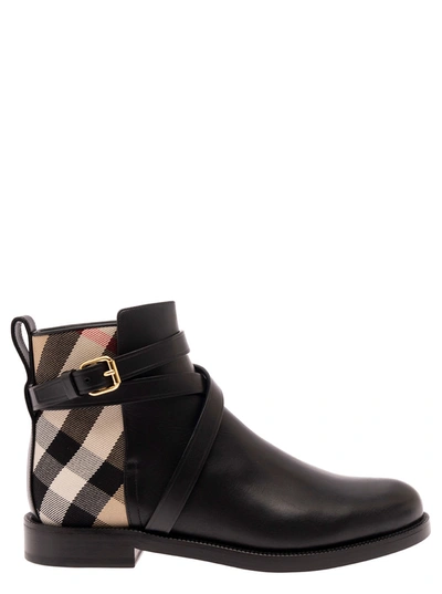 BURBERRY BURBERRY BLACK ANKLE BOOTS WITH HOUSE CHECK PRINT IN LEATHER WOMAN