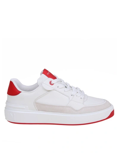 Balmain B-court Flip Leather Sneakers In Blanc/rouge