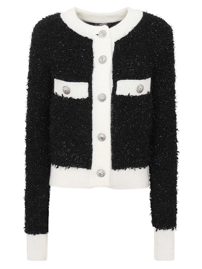 Balmain Glitter Detailed Contrasted Trim Cardigan In Nero/bianco