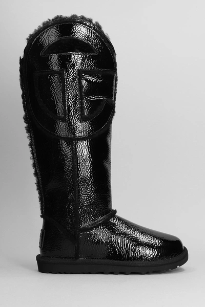 Ugg Logo Tall Crinkle Low Heels Boots In Black Leather