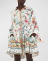 CAMILLA LACE-TRIM YOKE TIERED LINEN MINI SHIRT DRESS