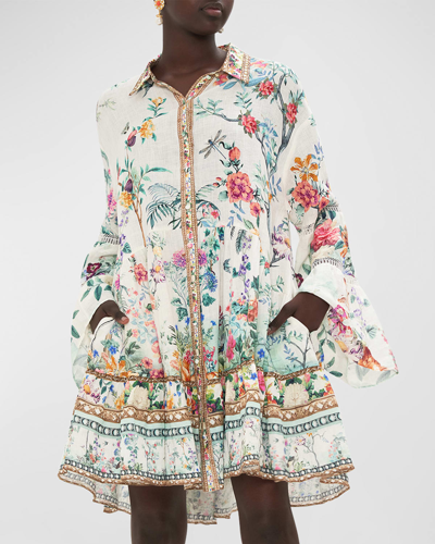Camilla Lace-trim Yoke Tiered Linen Mini Shirt Dress In Plumes And Parterres