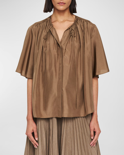 Joseph Bristow Ruched Flutter-sleeve Silk Blouse In Frozen Mocha