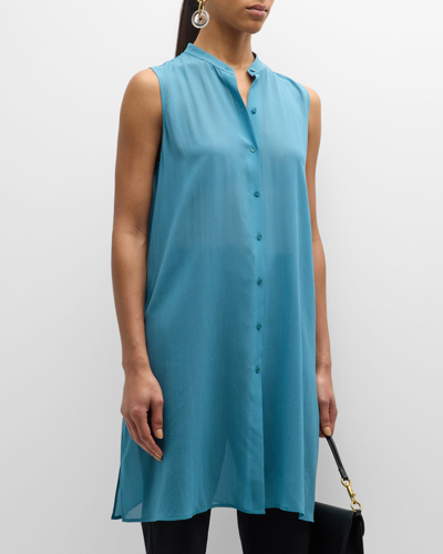 Eileen Fisher Sleeveless Button-down Sheer Georgette Shirt In River