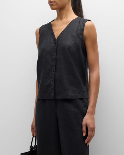 Eileen Fisher V-neck Button-down Organic Linen Waistcoat In Black