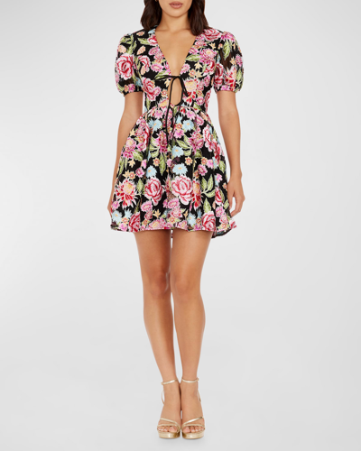 Dress The Population Black Label Marina Floral-embroidered Cutout Mini Dress In Pink Rose Multi