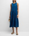 EILEEN FISHER TIERED SLEEVELESS WASHED SILK MIDI DRESS