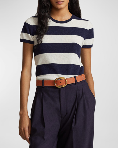 Polo Ralph Lauren Striped Cashmere Short-sleeve Sweater In Creamhunter Navy