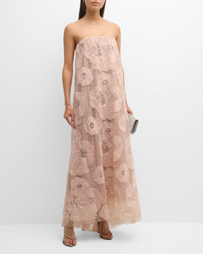 Helsi Margot Strapless Beaded Floral Tulle Gown In Pink Pearl