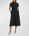 Theory Good Linen Short-sleeve Button-front Midi Shirt Dress In Black