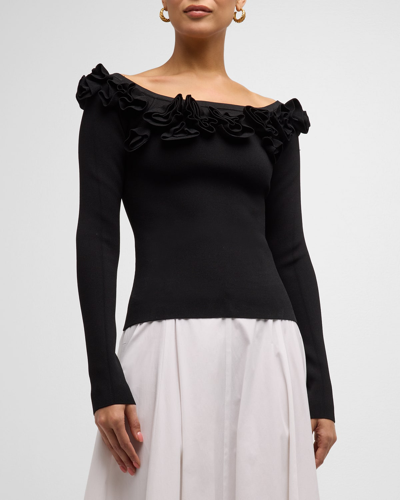 Lela Rose Off-shoulder Top With Floral Detail In Black