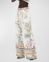Camilla Floral Linen Wide-leg Pants In Plumes And Parter