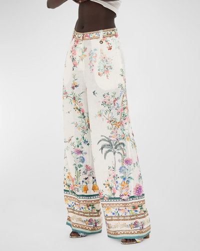 Camilla Floral Linen Wide-leg Pants In White