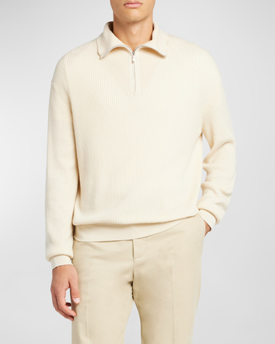 Loro Piana Men's Akan Cashmere-silk Ribbed Quarter-zip Sweater In Creamy