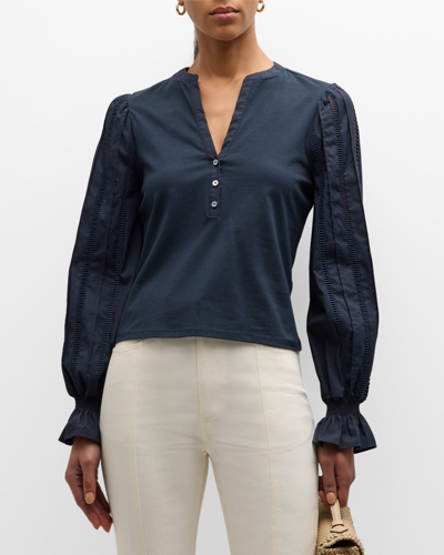 Cinq À Sept Gianna Embroidered Bishop-sleeve Combo Top In Navy