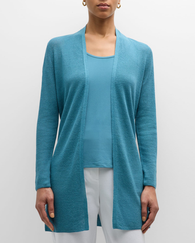 Eileen Fisher Ribbed Side-slit Open-front Cardigan In River
