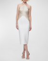 Herve Leger Draped Fringe Halter Midi Dress In Chalk Alabaster