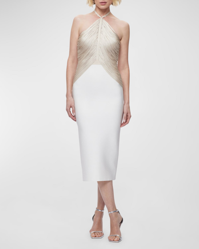 Herve Leger Draped Fringe Halter Midi Dress In Chalk Alabaster