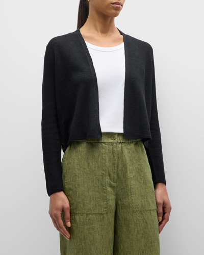 Eileen Fisher Petite Ribbed Open-front Linen-cotton Cardigan In Black