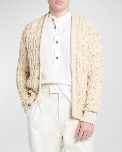 Loro Piana Men's Papiro Hida Cotton Cable Knit Cardigan Sweater In Tapioca