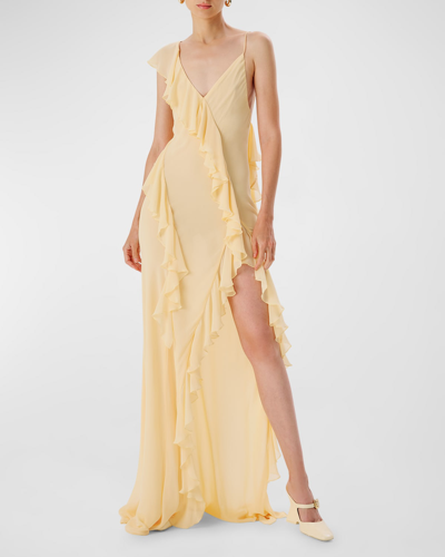 Ronny Kobo Olivialle Ruffle Chiffon Slit Gown In Buttercream