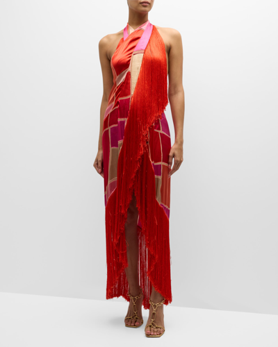 Cult Gaia Bianca Backless Fringe-trim Coverup Maxi Dress In Lollipop Multi