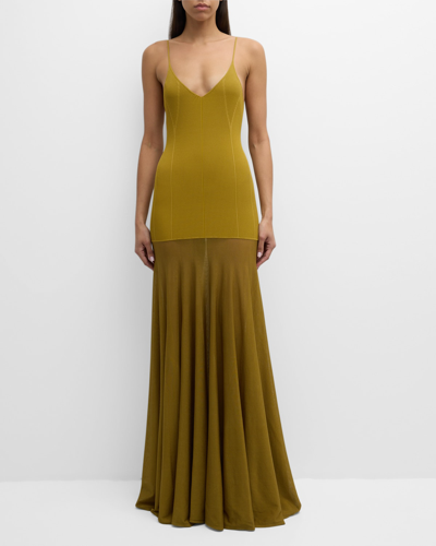 Brandon Maxwell The Katya Ribbed Knit Maxi Dress With Sheer Pleated Skirt In Dried Tobacco