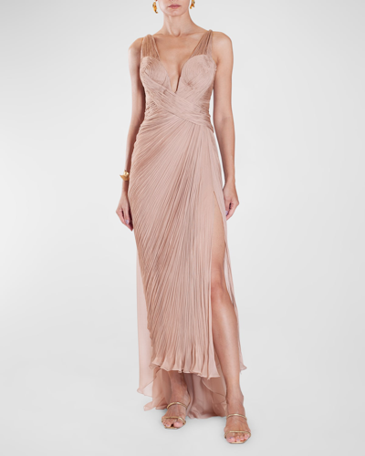 Maria Lucia Hohan Adelie Plunging Draped Plisse Slit Gown In Desert Rose
