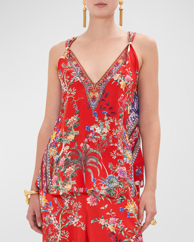 Camilla Silk Crepe Tank Top With Strap Bead Detail In The Summer Palace