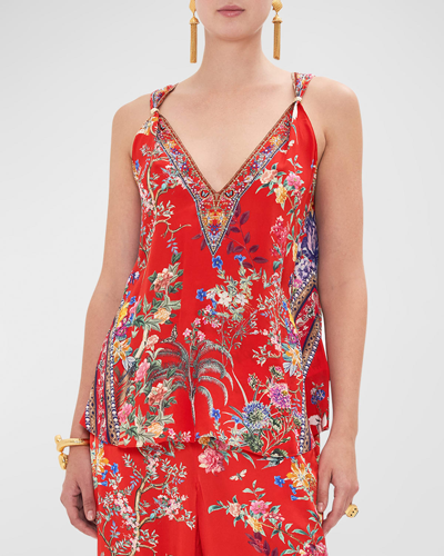 Camilla Silk Crepe Tank Top With Strap Bead Detail In Red