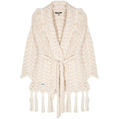 Alanui Natural Chevron Belted Cardigan With Fringe In Neutrals