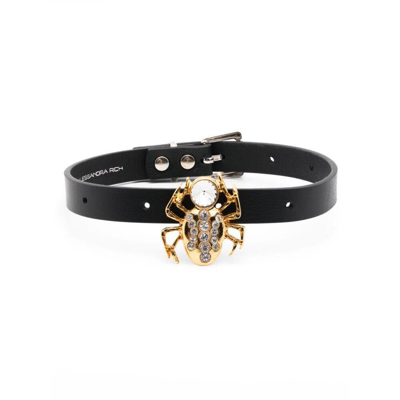 Alessandra Rich Spider-motif Leather Bracelet In Black/gold